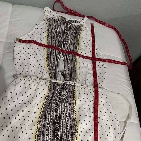 C Dress Size Small Tassel Tie V Neck Sleeveless Maxi White Brown Yellow Lined - Picture 12 of 12